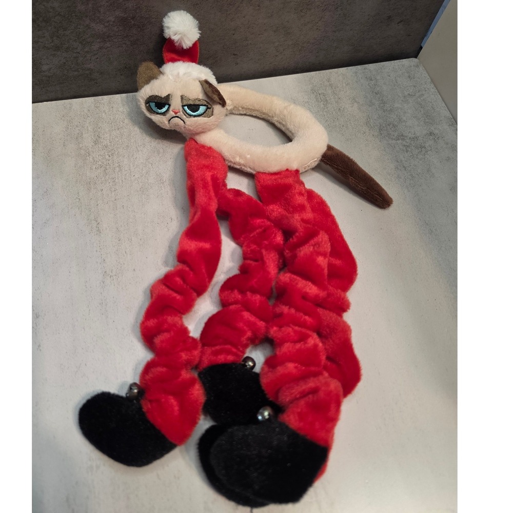 Grumpy Cat Christmas Plush Cat Toy Santa Hat Long Scrunchy Legs Jingle Bells